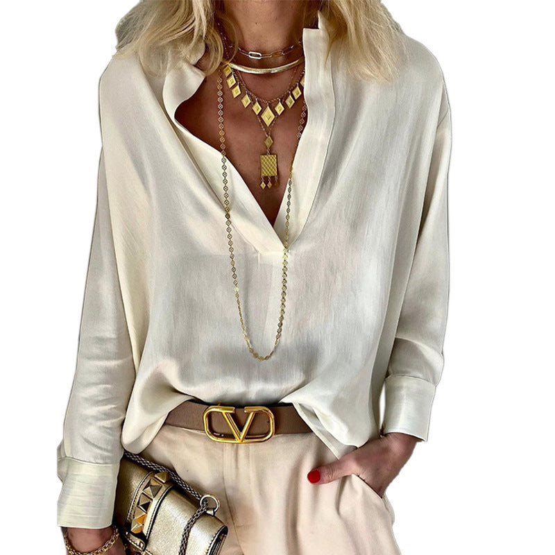 Women Fashion Casual Stand Collar Solid Color Cotton Linen Blouse