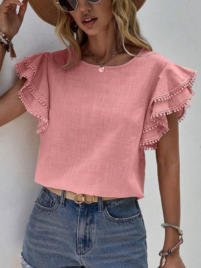 Women Casual Solid Color Round Neck Ruffle Blouses