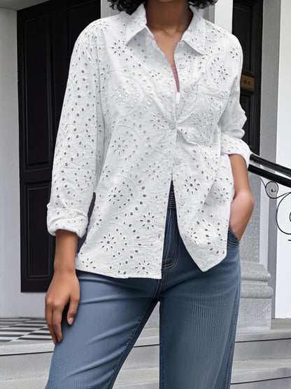 Women Fashion Casual Solid Color Embroidery Hollow Lapel Plus Size Blouse