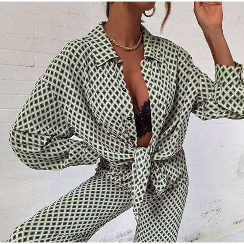 Women Fashion Casual Stripe Print Long Sleeve Blouse Pants Set