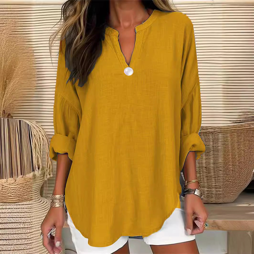 Women Casual Solid Color V-Neck One-Button Loose Blouse