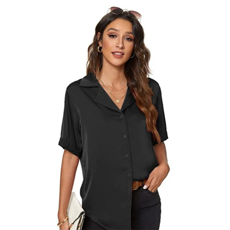 Women Elegant Office Basic Short Sleeve Satin Summer Solid Color Casual Single-breasted Loose Blouse