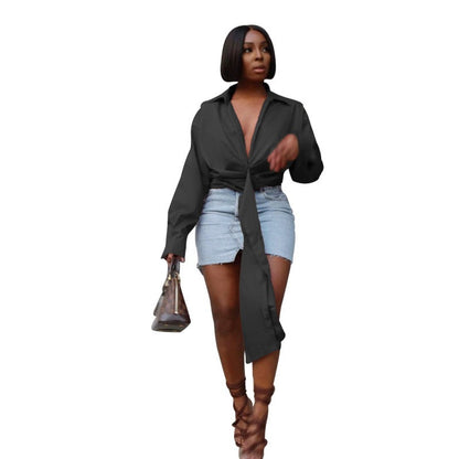 Women Fashion Solid Color Pleated Deep V-Zipper Casual Long Sleeve Blouse