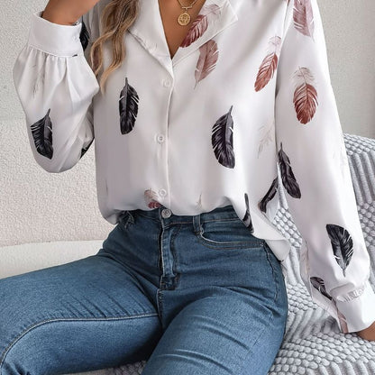 Women Fashion Casual Feather Print Long Sleeve Blouse