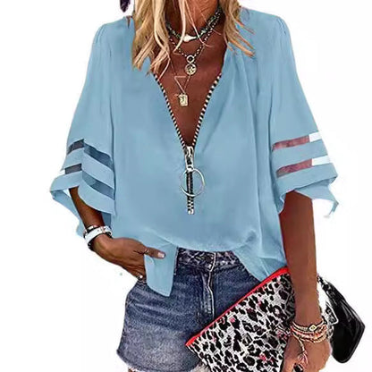 Casual V Neck Women Half Zipper Flare Sleeve Blouse