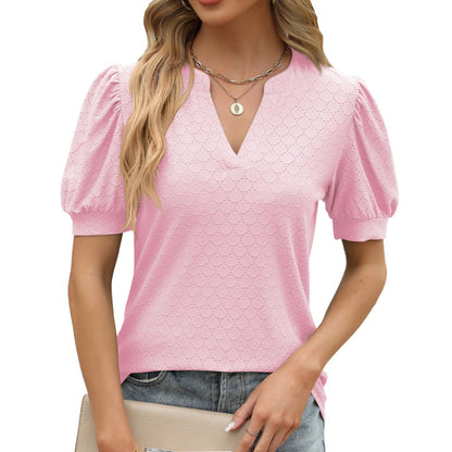 Casual Women Summer V-Neck Puff Sleeve Pleated Short-Sleeved Loose Blouse