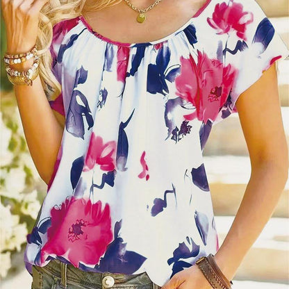 Women Summer Casual Floral Print Round Neck Short Sleeve Blouse