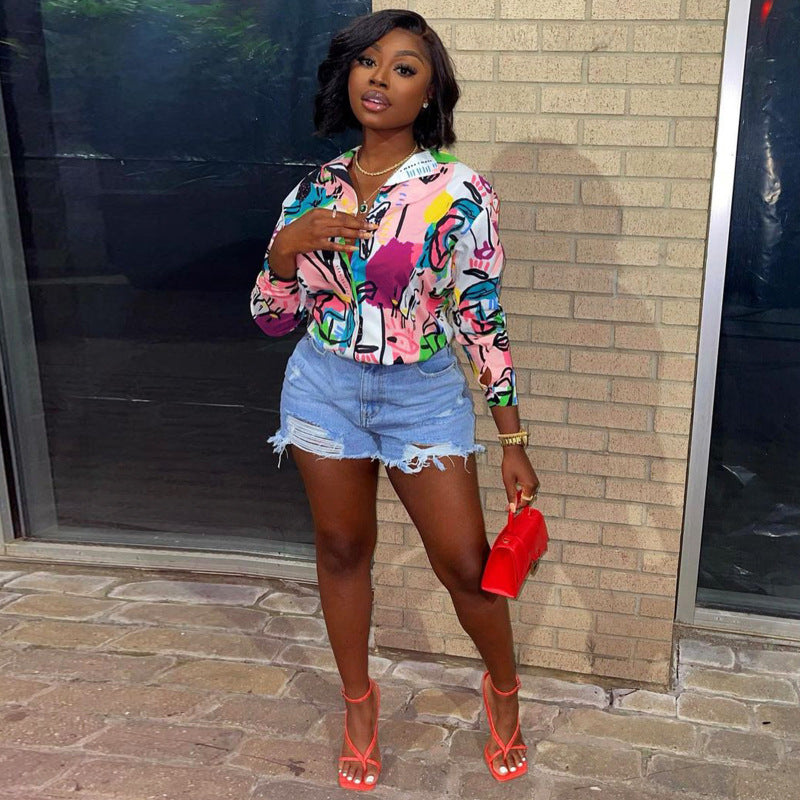 Women Casual Fashion Graffiti Print Long Sleeves Lapel Blouse