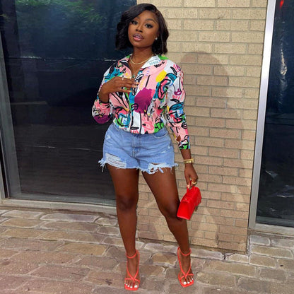 Women Casual Fashion Graffiti Print Long Sleeves Lapel Blouse