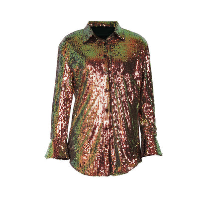 Women Fashion Casual Solid Color Lapel Long-Sleeve Sequin Blouse