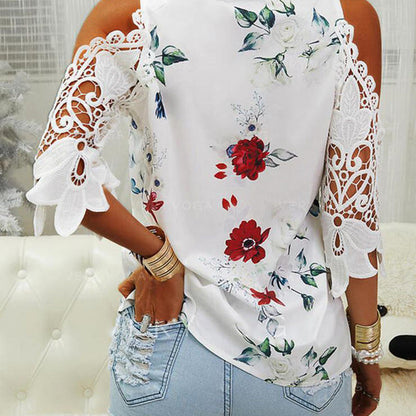 Summer Women Casual Floral Print Cool-Shoulder Lace Patchwork Long-Sleeved Blouse