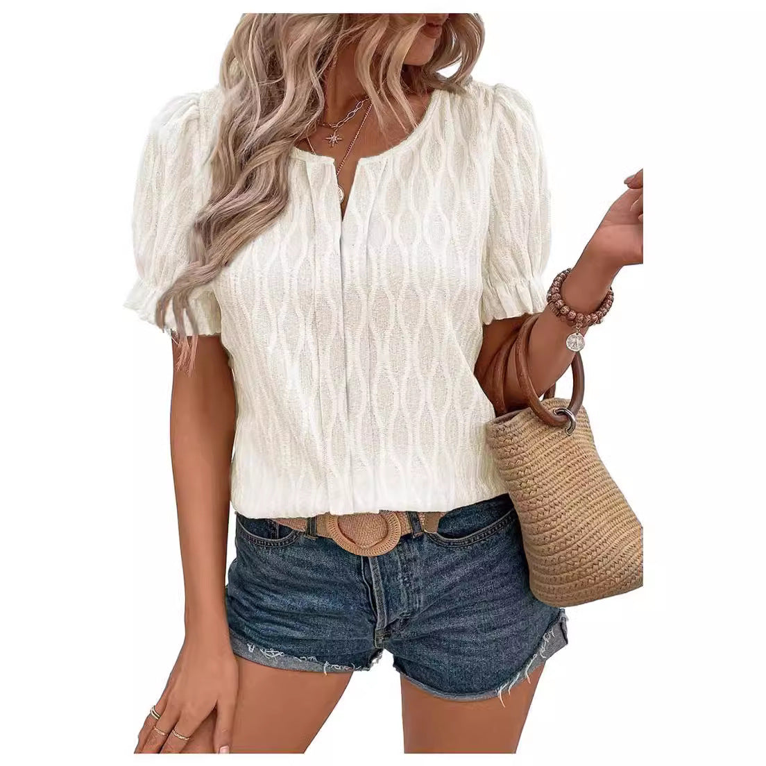 Women Fashion Casual Solid Color Jacquard V-Neck Puff Sleeve Blouse