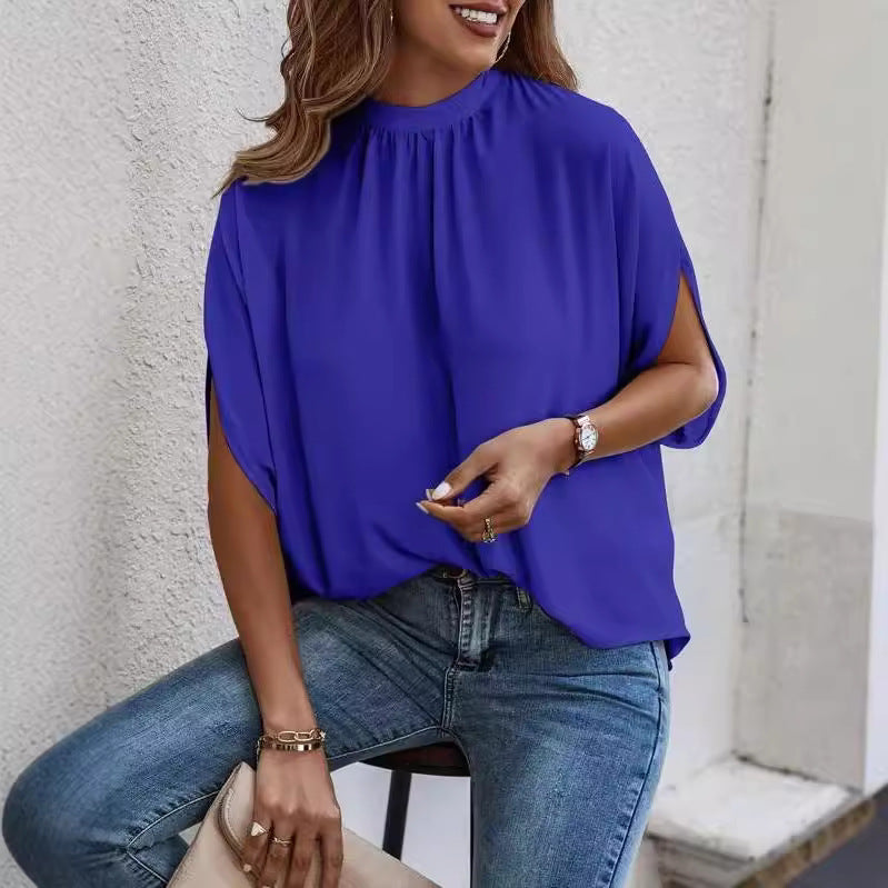 Women Summer Casual Fashion Solid Color Bat Sleeve Blouse