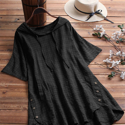 Women Casual Summer Short Sleeves Plus Size Round Neck Loose Hooded Blouse
