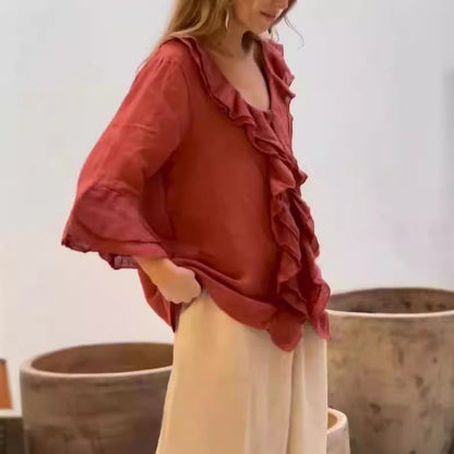 Women Fashion Casual Solid Color V-Neck Ruffled Long Sleeve Loose Blouse