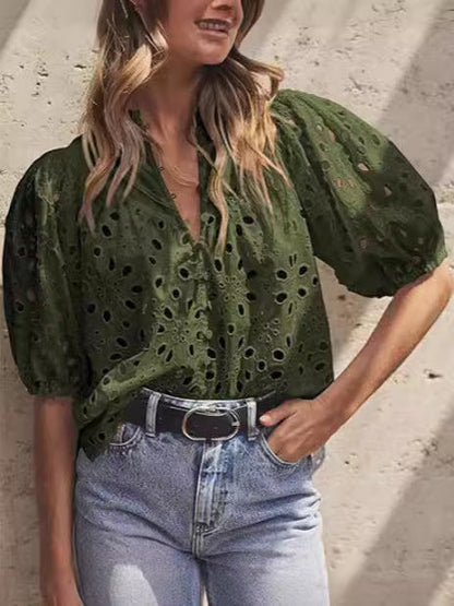 Women Summer Fashion Casual Lantern Sleeve V-Neck Button Hollow Lace Embroidered Blouse