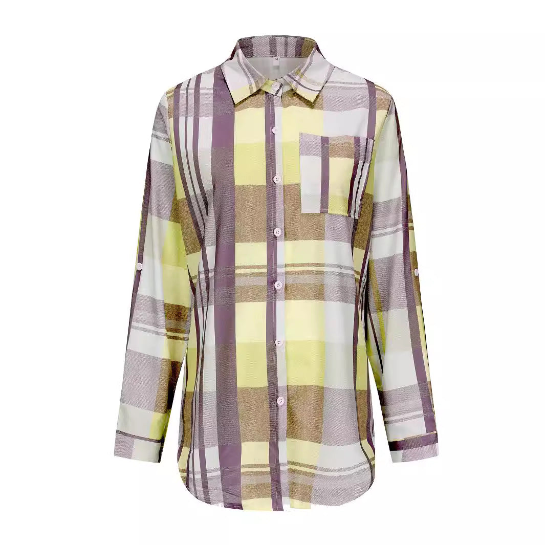 Women Vintage Single-Breasted Lapel Casual Long-Sleeved Plaid Blouse