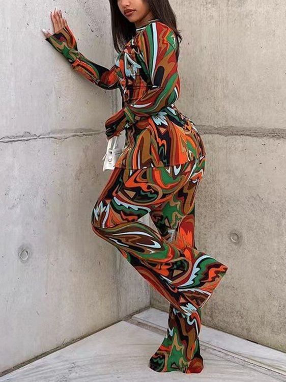 Women Loose Casual Deep V Neck Single Breasted Shirt Blouse And Sexy Printed Wide-Leg Pants Fashion Two-Piece Set