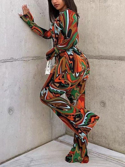 Women Loose Casual Deep V Neck Single Breasted Shirt Blouse And Sexy Printed Wide-Leg Pants Fashion Two-Piece Set