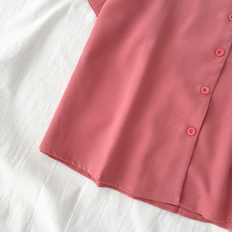 Casual Basic Summer Women Solid Color Lapel Short-Sleeved Shirt Blouse