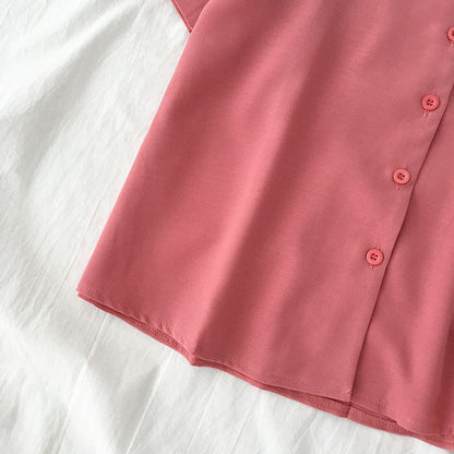 Casual Basic Summer Women Solid Color Lapel Short-Sleeved Shirt Blouse