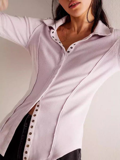 Women Fashion Casual Solid Color Long Sleeve Slim-Fit Lapel Single Breasted Blouse