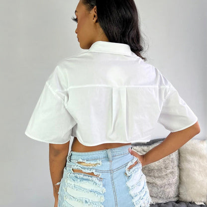 Women Fashion Casual Irregular Lapel Short Sleeve Blouse