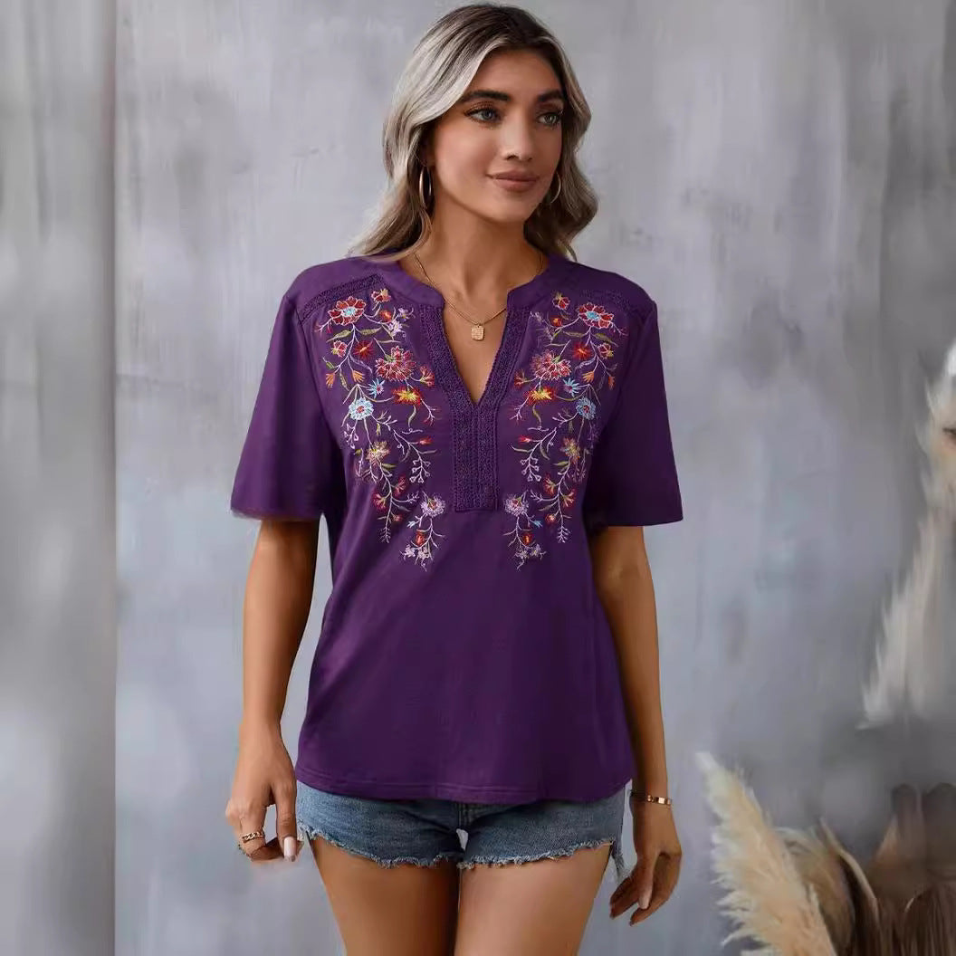 Women Casual Embroidery Lace Stitching Blouses