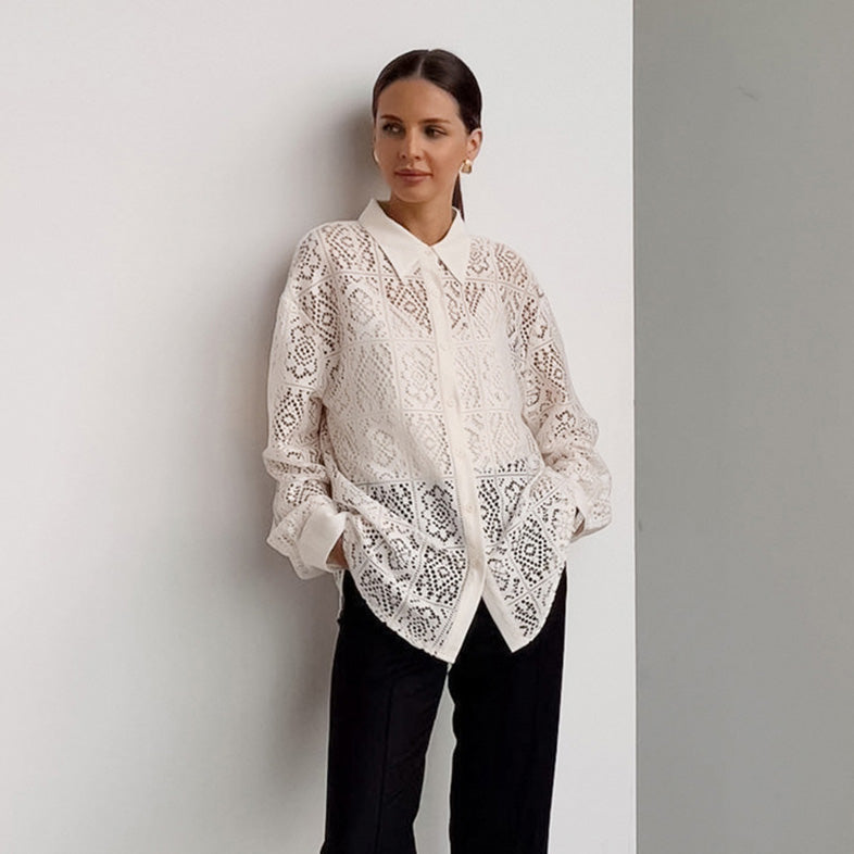 Women Casual Elegant Lace Hollow Lapel Long Sleeve Single Breasted Blouse
