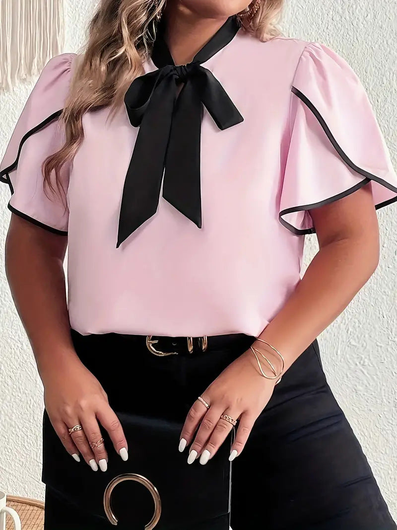 Women Fashion Casual Plus Size Color Matching Lace-Up Bowknot Short-Sleeve Blouse
