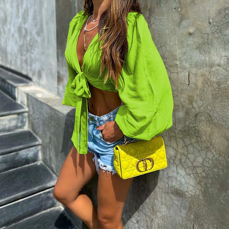 Fashion Women Casual Vacation Solid Color Long Sleeve Knotted Blouse