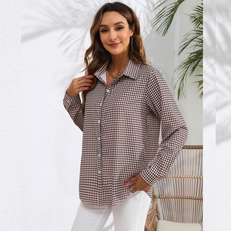 Women Fashion Check Printing Long Sleeve Casual Blouses