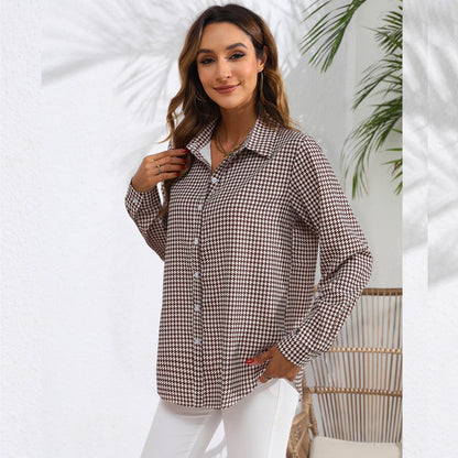 Women Fashion Check Printing Long Sleeve Casual Blouses