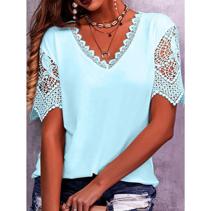 Women Casual Solid Color Lace Patchwork Loose V-Neck Short-Sleeved Blouse