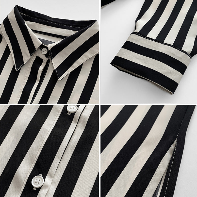 Women Casual Black White Stripe Print Long Sleeve Blouses