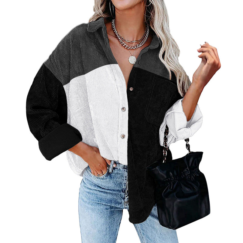 Women Casual Color Blocking Long Sleeve Lapel Single-breasted Patchwork Blouse