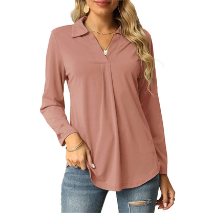 Women Fashion Casual Solid Color V-Neck Long Sleeve Blouse