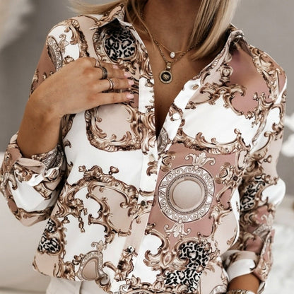 Women Fashion Casual Retro Printed Lapel Single-Breasted Blouse