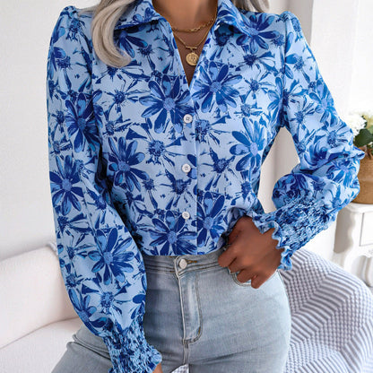 Women Fashion Casual Color Block Floral Print Lapel Blouse