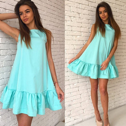 Summer Women Casual Solid Color Beach Party Ruffled Sleeveless Fashion Mini Dress