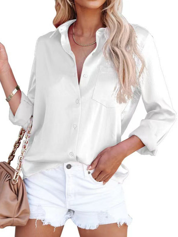 Women Fashion Casual Solid Color Lapel Long-Sleeve Blouse
