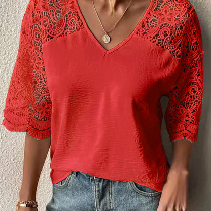 Women Fashion Casual Solid Lace Patchwork V Neck Blouse