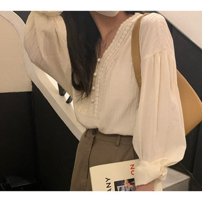 Women Casual Elegant Lace V-Neck Long-Sleeve Blouse