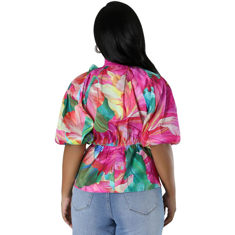 Women Fashion Casual Floral Printed Stand Neck Lace-Up Short-Sleeve Blouse