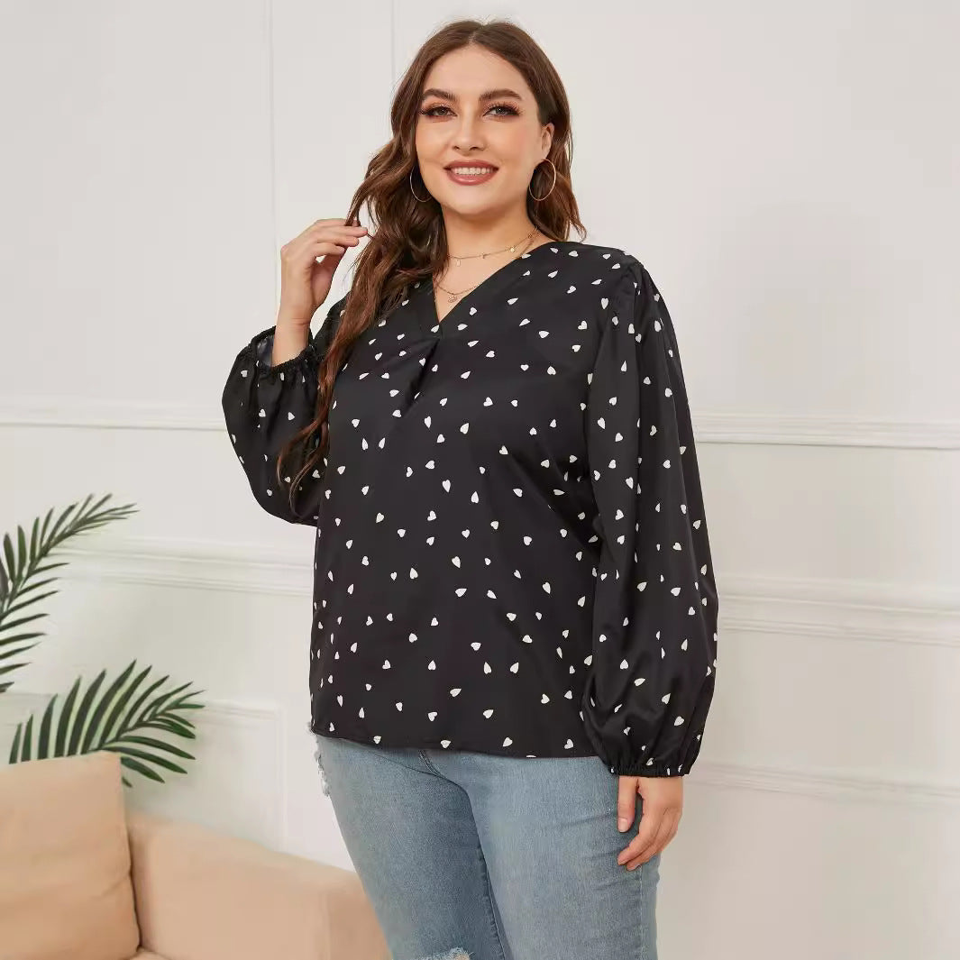 Women Casual Plus Size Printed V-Neck Long Sleeve Blouse
