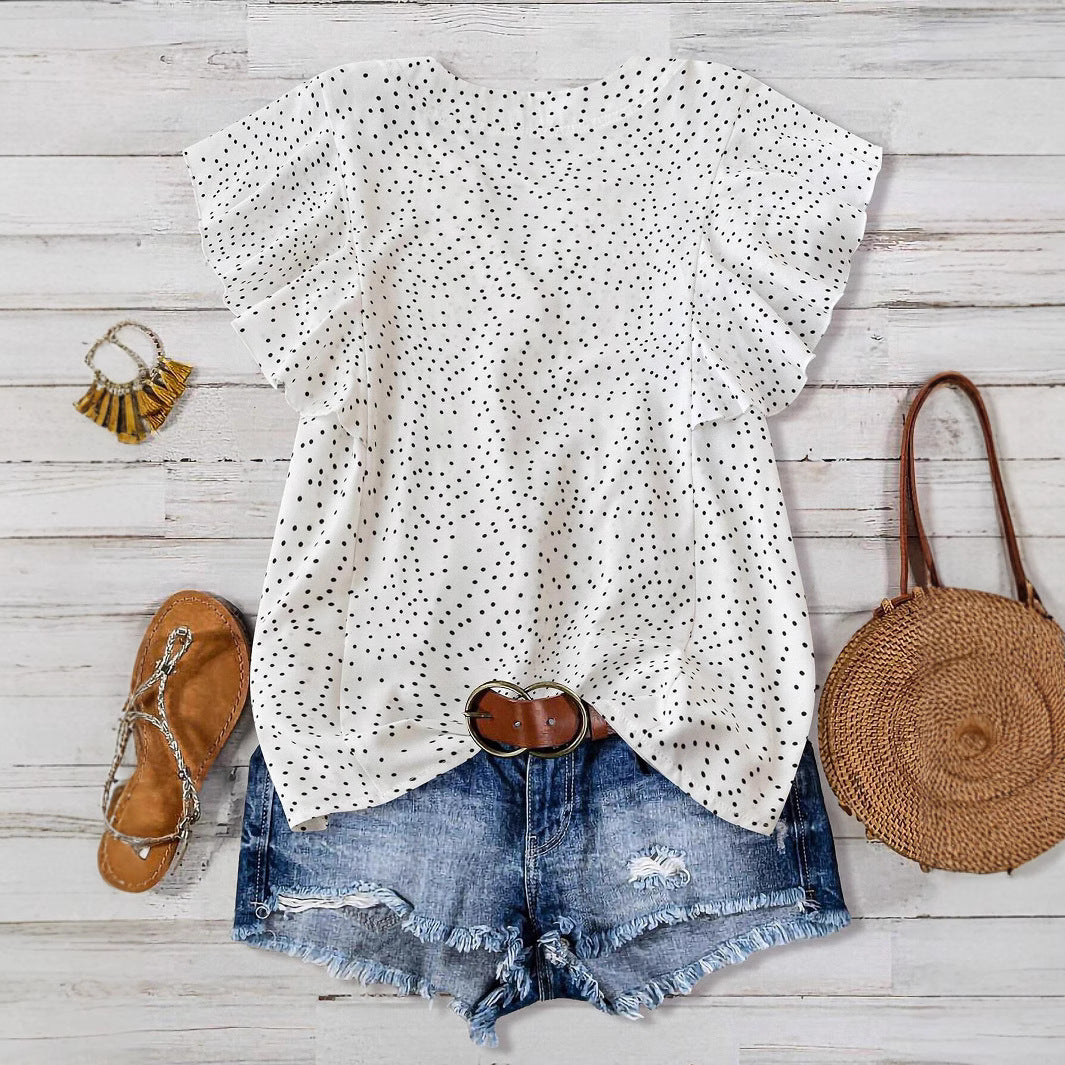 Women Fashion Casual Solid Color Pleated Dot Printed V-Neck Sleeveless Blouse