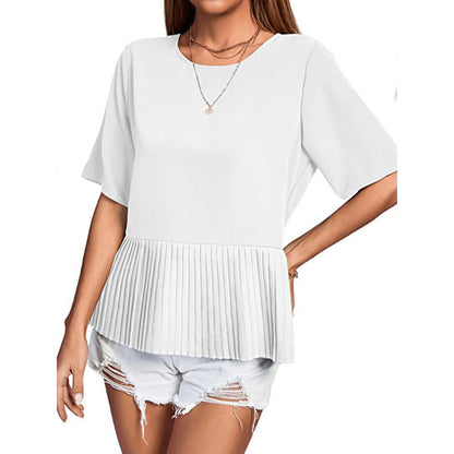 Women Casual Round Neck Short Sleeve Pleated Hemline Solid Blouse