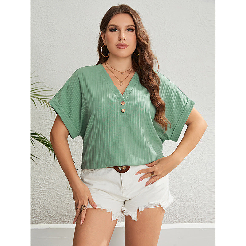 Women Fashion Casual Solid Color V-Neck Short Sleeve Plus Size Blouse