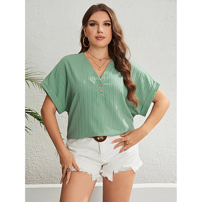 Women Fashion Casual Solid Color V-Neck Short Sleeve Plus Size Blouse