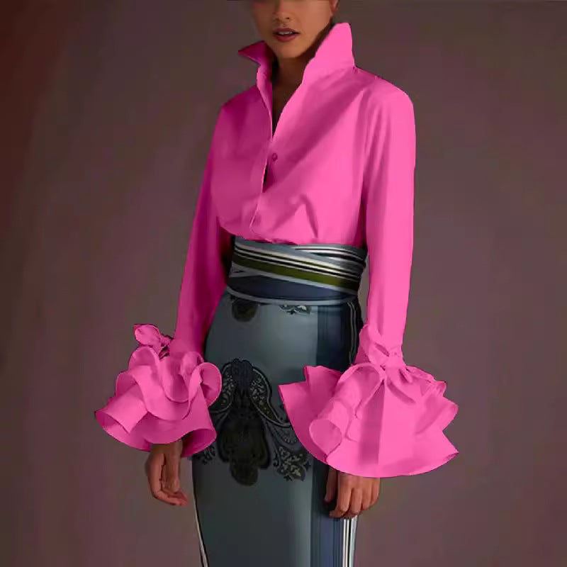 Women Casual Solid Color Lotus Leaf Sleeve Blouse